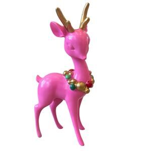 Hot Pink Christmas Reindeer w/ Ornament Necklace 11in Resin Retro Style New